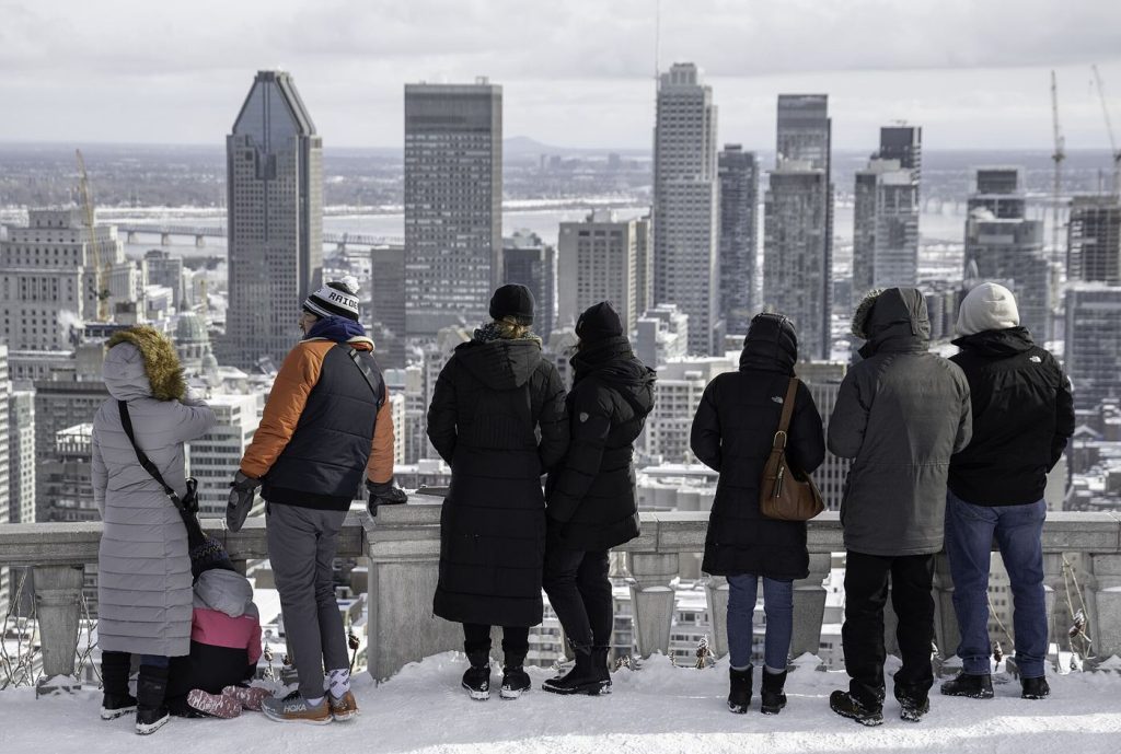 A city skyline in winter