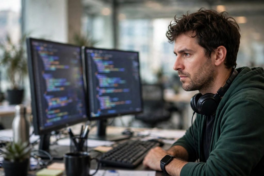 A developer writing code on a laptop in a modern office